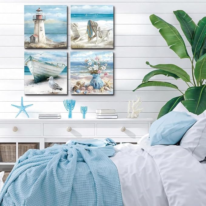 4 Packs Beach Paint by Numbers Kit for Adults Beginners with Frame, DIY Sea Side Adult's Paint by Number on Canvas, Watercolor Oil Painting Numbers Arts and Crafts Kits for Home Wall Decor 8 x 8 Inch