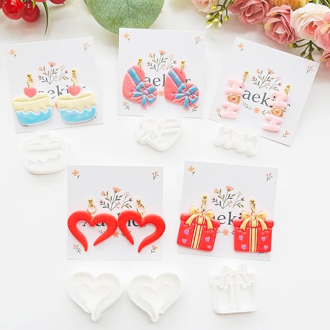 Mother’s Day Polymer Clay Cutters & Stamp Set - 12pcs Sharp & Durable Mom, Heart, Cake, Carnation & Gift Shapes for DIY Earring Jewelry Making, Soft Clay Crafts & Holiday Supplies