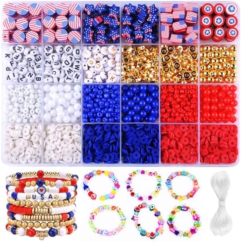 2480pcs President's Independence Day Polymer Clay Beads Charms Friendship Bracelet Necklace Earring Jewelry Making kit, Accessories for Arts Crafts DIY Birthday Gifts for Girls Children American Flag