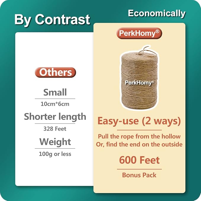 PerkHomy Natural Jute Twine 600 Feet Long Twine String for Crafts Gift Wrapping Packing Gardening Crochet Knitting Macrame Decor (Brown 2mm * 600feet) (Pack of 3)