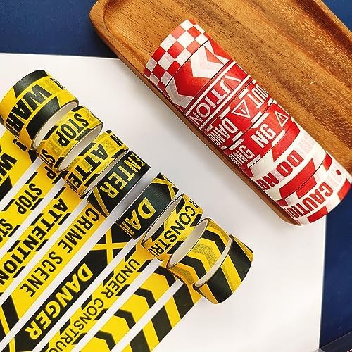 Caution Line Washi Tape Set 16 Rolls Yellow Red Boundary Masking Transportation Toy Decorative Tapes for Arts, DIY Crafts, Journals, Planners, Scrapbook, Wrapping