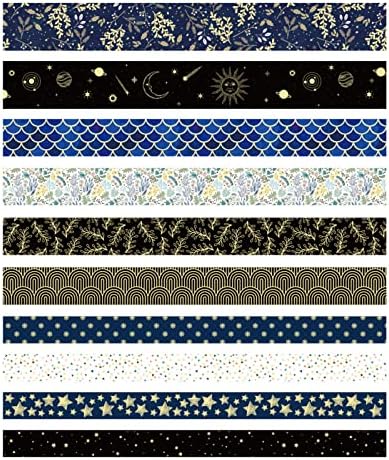 Creative Washi Tape Set 10 Rolls Gold Foil Print Decorative Masking Tapes for Arts, DIY Crafts, Journals, Planners, Scrapbook, Wrapping (Black Mashup)