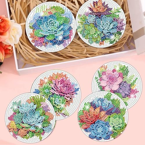 8 Pcs Green Plants Diamond Art Coasters Kit for Adults with Holder 4x4in
