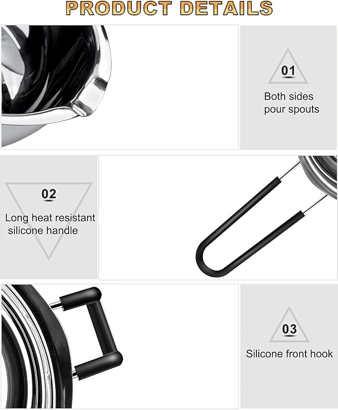 Double Boiler Pot Set, Stainless Steel Melting Pot 600ml and 1600ml | with Silicone Spatula for Melting Chocolate, Soap, Wax, Candle Making