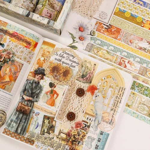 Vintage Washi Tape Set - 24 Rolls Arts Adhesive Tapes Assorted Retro Decorative Masking Tape Sets for Craft, Kids, Scrapbook, DIY, Gift Wrapping (8-Sea Treasures)