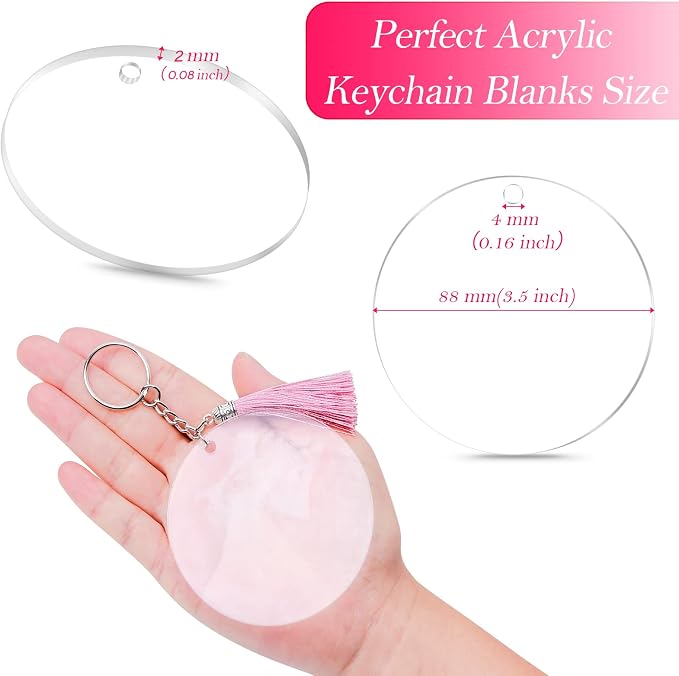Audab 30Pcs Acrylic Ornament Blanks Bulk, Round Acrylic Blanks for Vinyl Clear Discs Keychain with Hole for Engraving DIY Projects, Art Crafts(3.5 Inch, 30 Pcs)