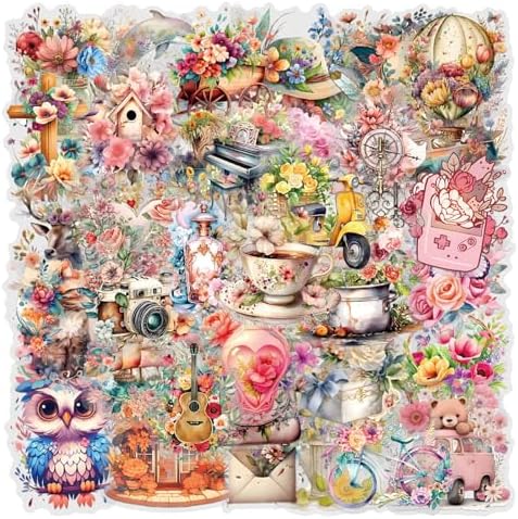 57 Pcs Vintage Watercolor Floral Stickers,Aesthetic PET Transparent Flowers Sticker Waterproof Decorative Decals for Journaling, Decoupage, Planners, laptops, Phone Case, Gift(Colourful-K1)