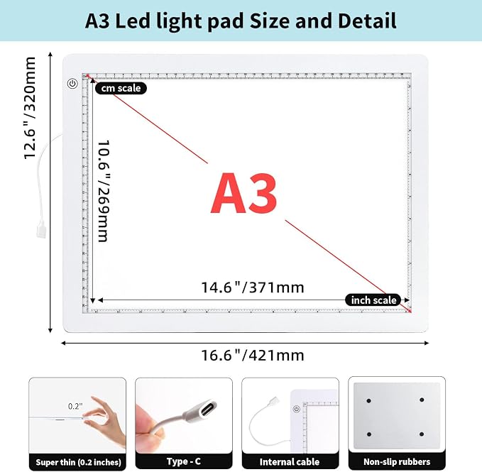 Zocelight A3 Light Pad for Diamond Painting Kit,4800Lux Super Bright 5mm Ultra Thin Diamond Art Light Board with Stand and Clip,3 Levels Dimming Light Box for Drawing,Sketching,Animation(White)