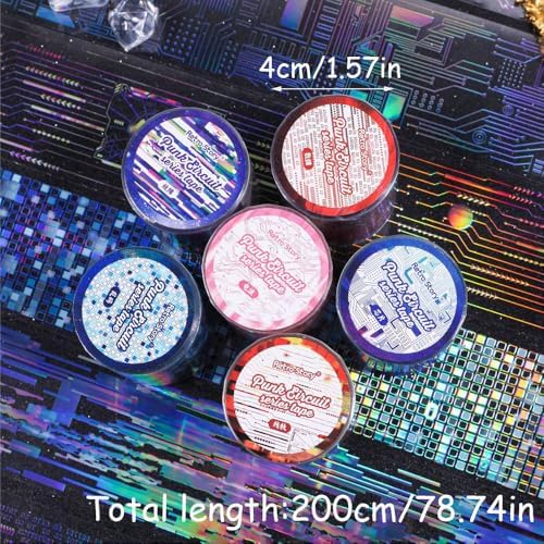 6Rolls Vintage Punk Circuit PET Tape Junk Journal Scrapbook Supplies Laser Circuits PET Washi Tape Stickers for Scrapbooking Wave Chip Decorative Collage Materials Stickers for Journaling Supplies
