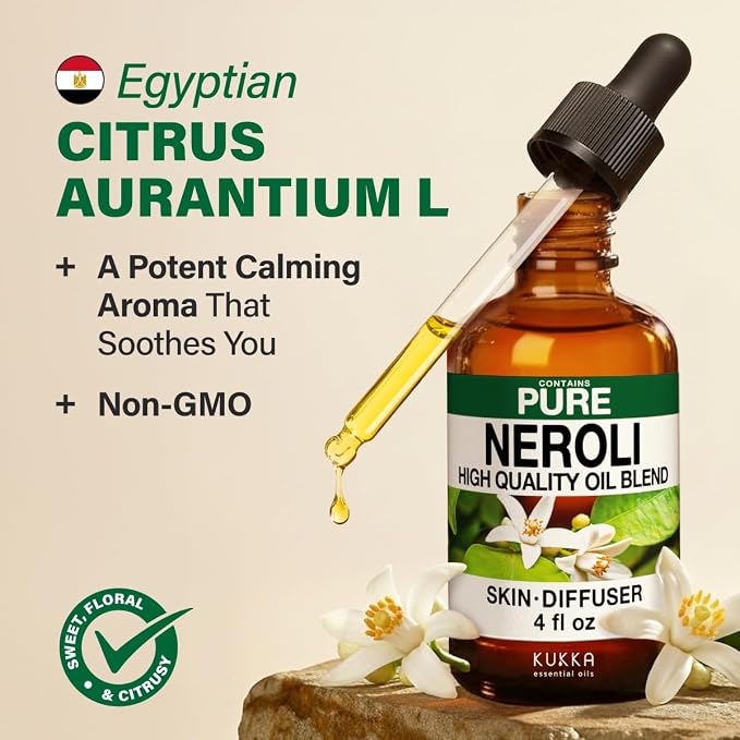 100% Pure Neroli Essential Oil 4 Fl Oz - Neroli Oil for Hair and Skin | Calming Orange Blossom Oil for Diffuser and Aromatherapy, Massage, Body Care, Non-GMO, Undiluted, with Dropper