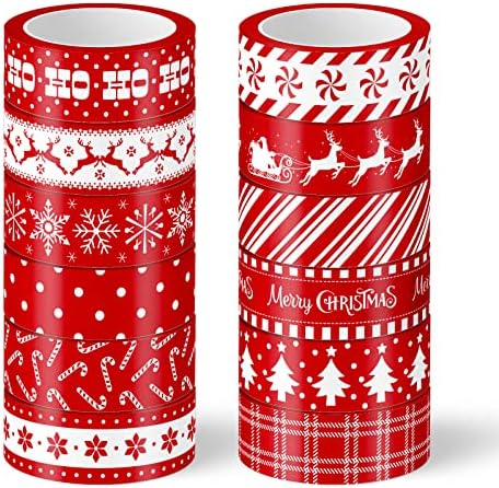 Whaline 12 Rolls Christmas Washi Tapes Red White Decorative Tape Assorted Xmas Patterns Holiday Masking Tapes for Christmas Scrapbook Journal Calendar DIY Craft Gift Wrapping, 16.4ft x 0.6