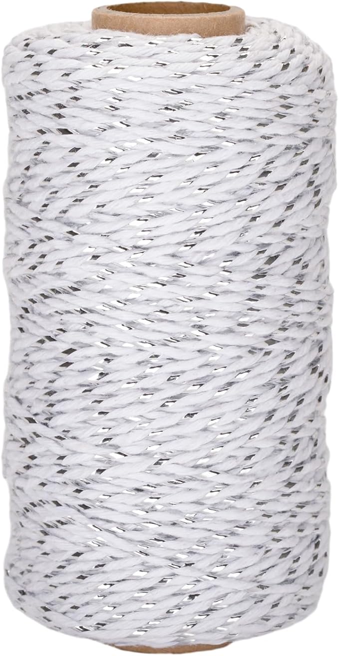 jijAcraft 328Ft White Silver Twine String, 2MM Bakers Cotton String, Heavy Duty Wrapping Twine for Wedding, Birthday, Bridal Shower