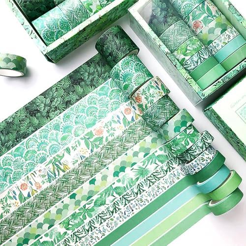 CooBigo 12 Rolls Washi Tape Set, Decorative Masking Tapes for Arts Scrapbook Planner Journaling Supplies Gift Wrapping DIY Crafts (Green Mint)