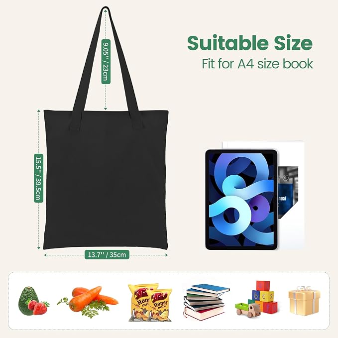 Carbrea 12 Pack Thin Canvas Tote Bags Bulk, Reusable Grocery Bags - Black | Lightweight, 5oz Natural Canvas, Reinforced Stitches, Blank Design, Ideal for Shopping DIY Sublimation Activity Gift