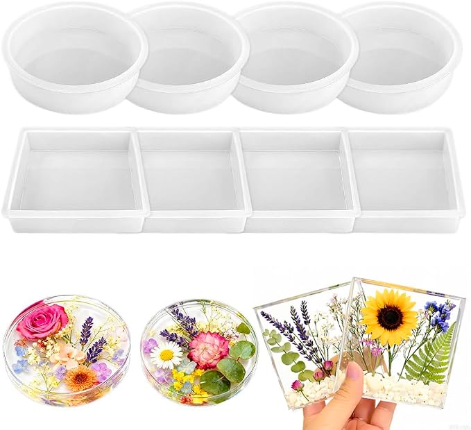 Coaster Molds for Epoxy Resin - 8 Cavities Round and Square Resin Coaster Molds Set, Epoxy Resin Molds Silicone for Flower Bouquet Preservation,DIY Agate Coasters, Candle Trays