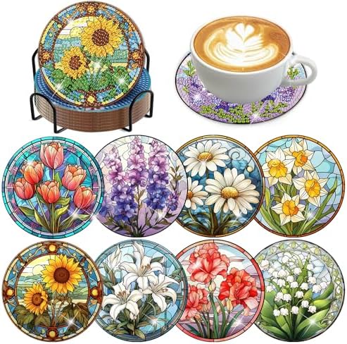 Diamond Art Coasters Kit, 8 Pieces Sunflowers Diamond Painting Coasters Kit