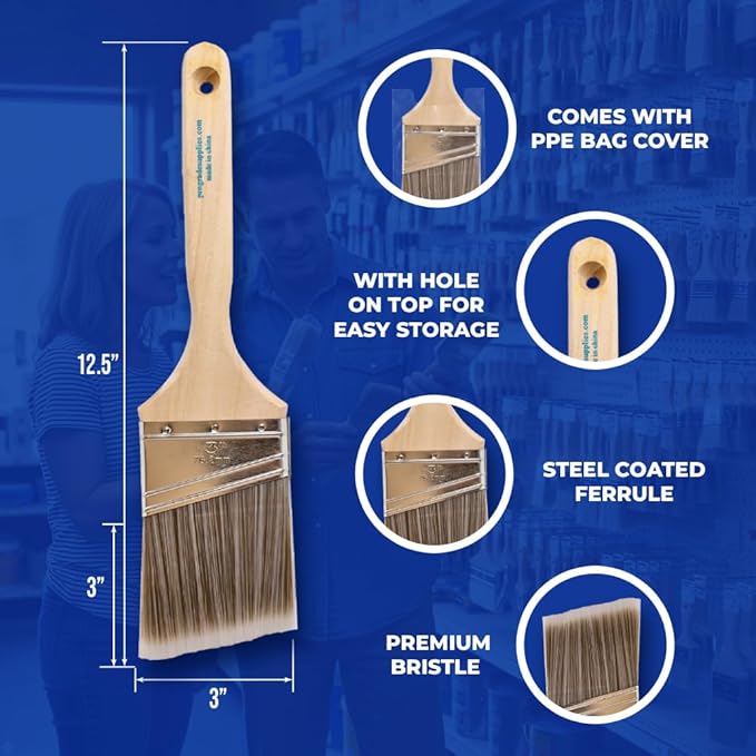 Pro Grade Paint Brushes, 3 Inch Angled Paint Brush, Trim & Stain, 2 Pack