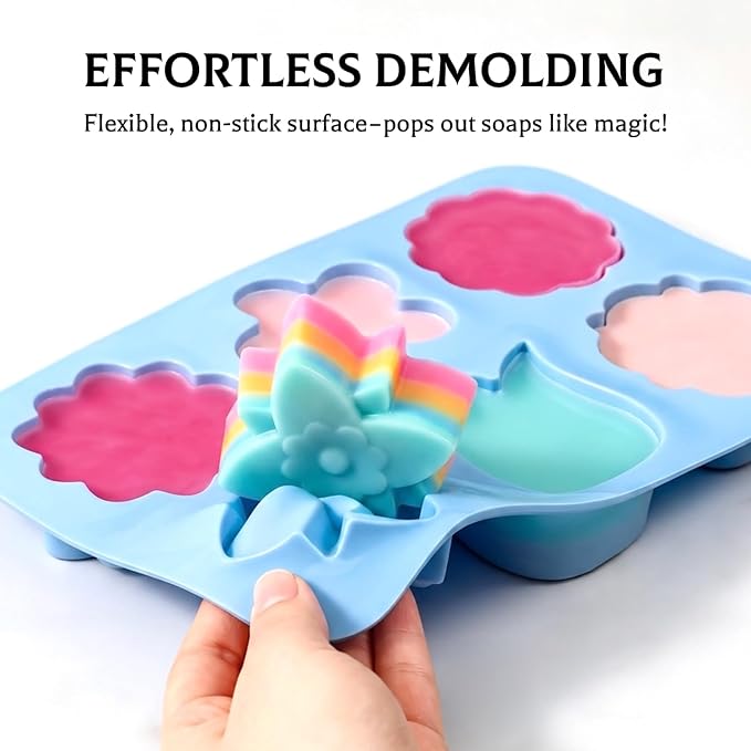 SJ Silicone Molds for Crafts, 2 Pack Tulip and Flower Soap Molds | 6 Cavities with Assorted Blossom Designs, Flexible, Easy-Release for Plaster, Resin, Bath Bombs, Wax and DIY Projects