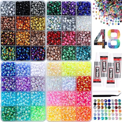 8880Pcs in 48 Colors Rhinestones for Bedazzling and Diamond Art, 5mm Flatback Gems with 3×10ml B7000 Jewelry Glue Tweezers, Perfect for Nail Art, Crafting, Clothing, Fabric Decor