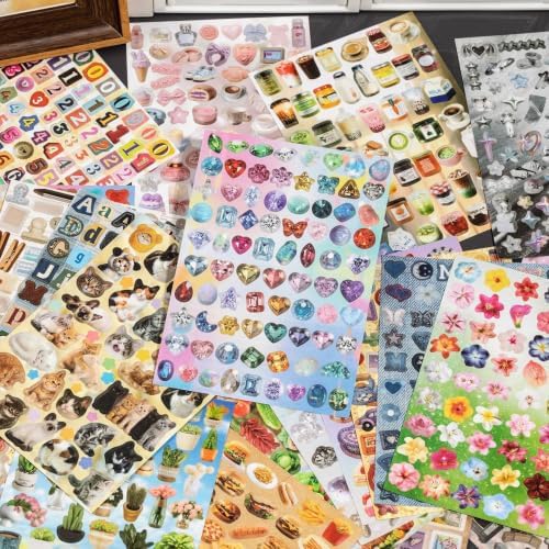 Japanese Retro Sticker Book, 800 Cartoon Stickers Book with Art Coated Paper Creative Activity Stickers for Adults, DIY Scrapbooking Phone Cases Laptops Party Gifts (Poem Drops)