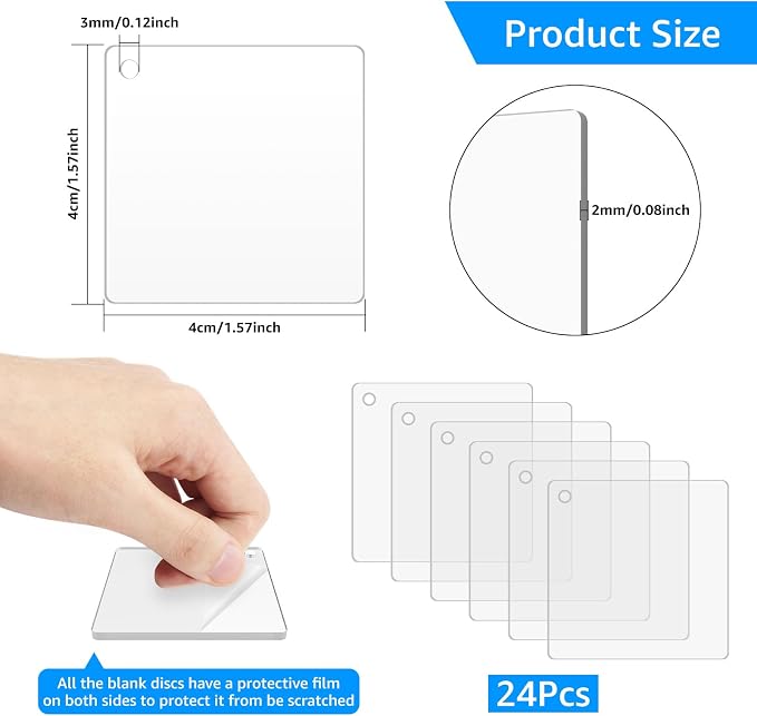 Ximalun 24Pcs Acrylic Keychain Blanks,Square Acrylic Ornaments Blanks Bulk Clear Ornaments Keychains with Hole for DIY Key Chain Craft Projects Christmas Birthday Holiday Decorations(4cm/1.58inch)