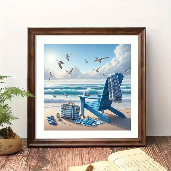 OJTOYART Beach Scenery Diamond Art Kits for Adults, 5D Deck Chair Diamond Painting Kits for Beginners,Scenery DIY Full Drill Gem Painting for Relaxation and Home Wall Decor 12 x 16 inch