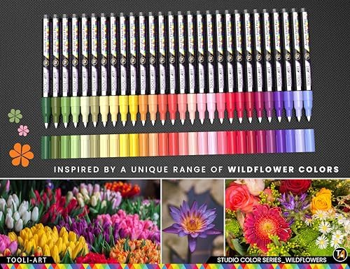28 Wildflower Colors Acrylic Paint Pens Studio Color Series Markers Set 0.7mm Extra Fine Tip, Rock Painting, Glass, Mugs, Wood, Metal, Canvas, DIY, Detailing. Non Toxic, Waterbased, Quick Drying