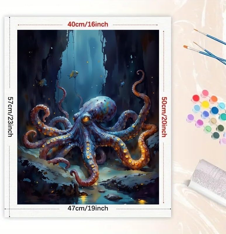 ENTORLAB Underwater Fantasy Paint by Numbers Kit for Adults - DIY Glowing Octopus in Cave Painting on Canvas 16x20In, Acrylic Paint Set, Suitable for Beginners, Art for Home Decoration or Gifts