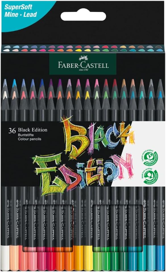 Faber-Castell Black Edition Colored Pencils, 36 Count, Neon & Pastel | Brilliant coloured pencils for light and dark paper with soft colour stroke, shatter-proof and ergonomic colouring pens
