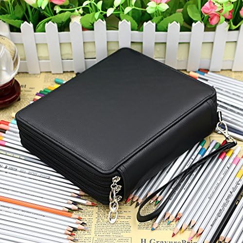BTSKY Deluxe PU Leather Pencil Case For Colored Pencils - 120 Slot Pencil Holder with Handle Strap Handy Colored Pencil Box Large(Black)