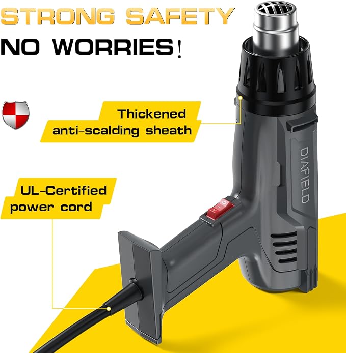 DIAFIELD 1850W Heat Gun with Dual Temperature Settings 572.0 °F & 1202 °F | Fast Heat Hot Air Gun, Durable& Overload Protection, with 4 Nozzles for Shrink Wrap, Vinyl, Crafts, Epoxy Resin