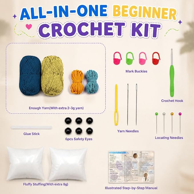 JYZJDKE Crochet Kit for Beginners Adults - DIY Amigurumi Elephant Knitting Starter Kit with Yarn Sets, Crochet Animal Kit Cute Stuffed Animal Craft Birthday Gifts (Dark Blue+Ginger Elephant)