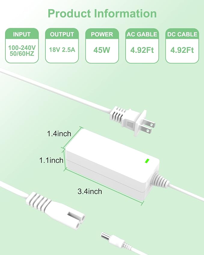 Power Cord for Cricut Explore air 2, Expression 2, Explore Air, Explore One Create Mini Original Replacement for Cricut KSAH1800250T1M2 Cutting 18V Charger Power Supply (White)