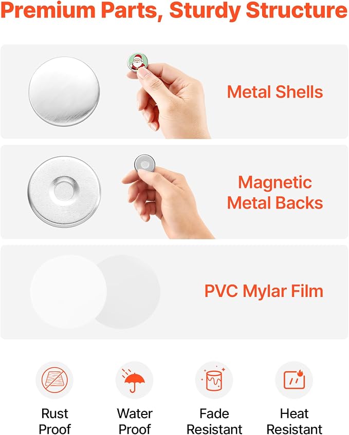 VEVOR Button Maker Supplies 50 Sets 1 in / 25 mm Refrigerator Magnets, Button Parts with Magnetic Backs, Metal Shells, Clear Mylar Films, and Blank Circle Papers, for Home DIY and Kitchen Decor