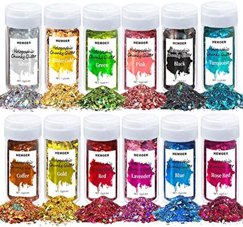 HEMOER Holographic Chunky Glitter, 12 Colors Sparkle Sequins, Mix Exclusive Polyester Glitter Set for Epoxy Resin, Tumblers,Crafts, Makeup, Festival Party Decoration - 0.42oz Each Bottle