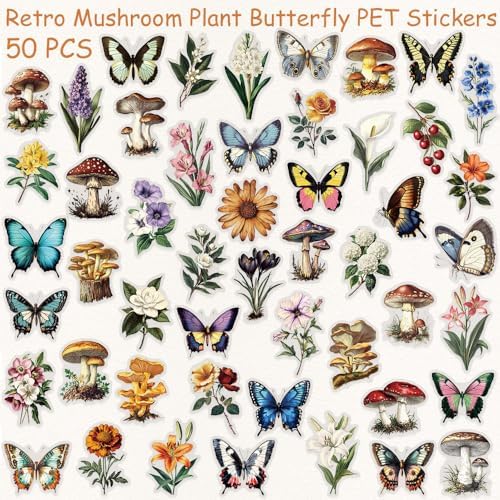 50 PCS Vintage Nature Mushroom Butterfly Flower Stickers – Clear Cottagecore Aesthetic Botanical Scrapbook Stickers for Journaling, Laptop, Water Bottle, Art Crafting