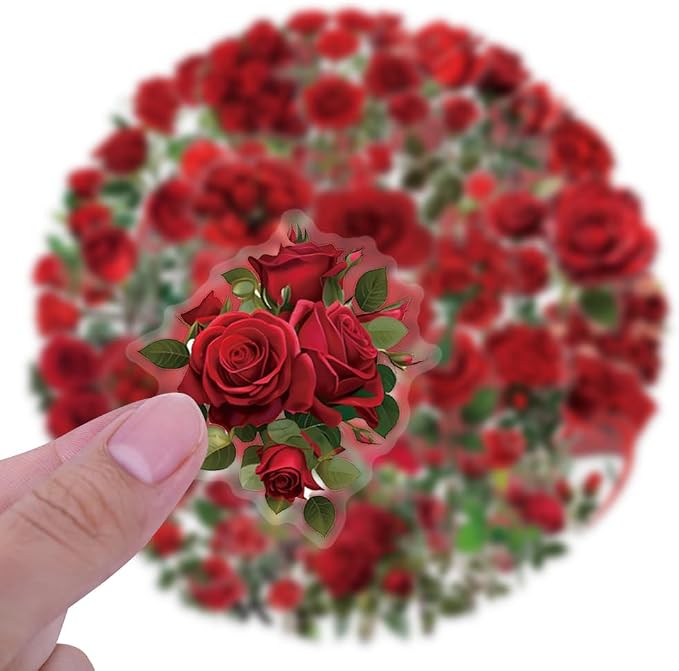 60 Pcs Red Rose PET Transparent Sticker | Self-Adhesive Scrapbooking Stickers Supplies Journal Stuffers for Card Making Letters DIY Water Bottles,Laptop,Guitar,Phone