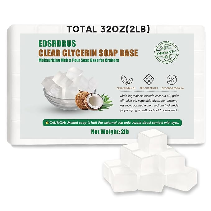 EDSRDRUS 2LB Unscented Glycerin Soap Base DIY Handmade Soap Moisturizing Melt and Pour Soap Base for Crafting, Vegetable Glycerin & Coconut Oil, Easy to Cut (Transparent, 2LB)
