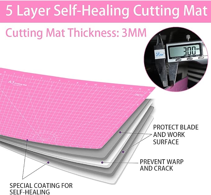 Headley Tools 18"x12" Thickened Self Healing Cutting Mat, A3 Rotary Cutting Sewing Mat for Crafts, Double Sided 5-Ply Table Cutting Board for Fabric Quilting Art Hobby Project, Pink/Purple