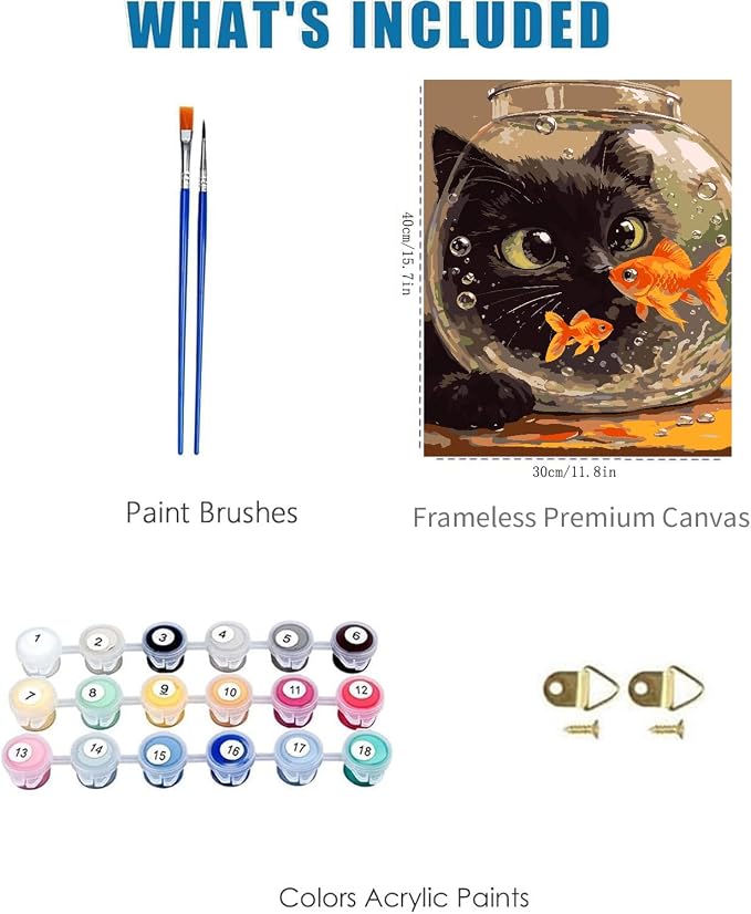 Cat Goldfish Paint by Numbers Kit for Adults Framed Canvas, Frameworkless | Easy Adult Paint by Number Kits on Canvas DIY Cat Goldfish Painting for Beginners Art by Numbers for Home Wall Decor 12X16 in