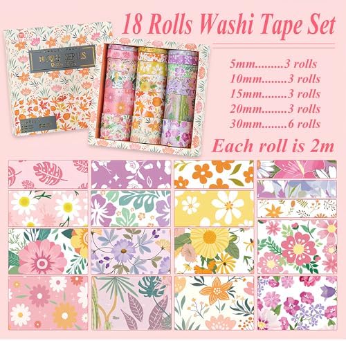 Washi Tape Set, 18 Rolls Washi Stickers, Assorted Sizes, for Junk Journal Scrapbook Tape, Bullet Journaling Scrapbooking Supplies, Planner Sticker DIY Craft DéCor (Floral)