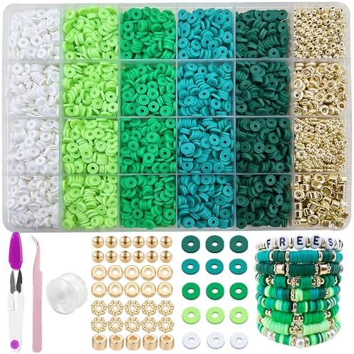 MIIIM Green Clay Beads Kit for Bracelets Making, Heishi Beads for Friendship Bracelet, Clay Charms and Gold Spacers for Jewelry Making, Crafts, Concert, Raves, Gifts