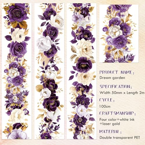 Sitsink PET Tape for Journal Scrapbooking - Golden Purple Flower Junk Journal PET Tape Scrapbook Decor Supplies Crafts Book Bottle Décor