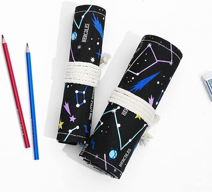 DIYOMR 12/24/36/72 Slots Pencil Wrap Pencil Rolls, Artist Colored Pencil Roll Up Bag Short Brush Pouch Case Pencils Organizer for Drawing Coloring and Sketching, No Pencils (Constellation, 12slots)
