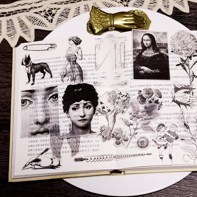 CATaireen Vintage Junk Journal Ephemera Scrapbooking Supplies Translucent Vellum Paper Stickers Card Making Decal Art Aesthetic for Adults (Character Dark -3)