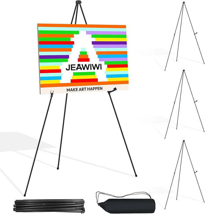 JEAWIWI 4 Pcs Lifhtweight Easel Stand, 66 Inch, Black, with Portable Bags | Adjustable Folding Metal Easel for Wedding Sign Stand, Display Show, Arts, Poster, with Portable Bags