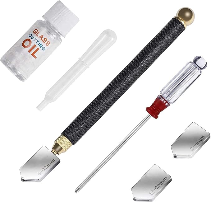Glass Cutter Tool with Cutting Oil, Professional Glass Cutting Kit with Metal Ball Head, Oil Dropper, and 3 Replacement Cutting Heads