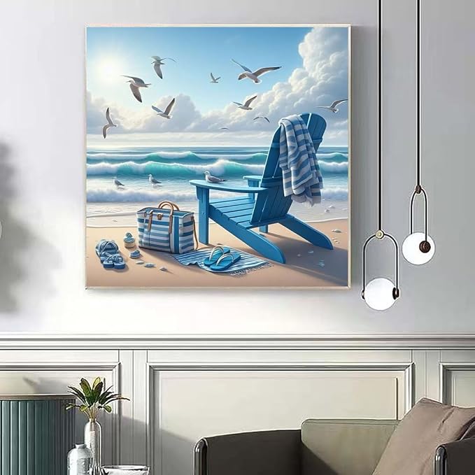 OJTOYART Beach Scenery Diamond Art Kits for Adults, 5D Deck Chair Diamond Painting Kits for Beginners,Scenery DIY Full Drill Gem Painting for Relaxation and Home Wall Decor 12 x 16 inch