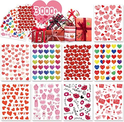 LINAYE Valentine Heart Stickers for Kids - 3000PCS Cute Love Stickers 72 Sheets for Cards, Envelopes, Craft, Scrapbooking - Party Supplies Favors for Girls Boys