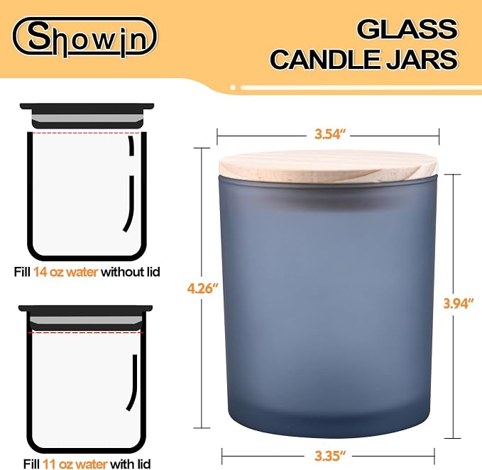 SHOWIN 14 OZ Thick Candle Jars for Making Candles 12 Pcs, 3 Wick Empty Jars with Wood Lids for Candle Making, Sample Container, Frosted Grey
